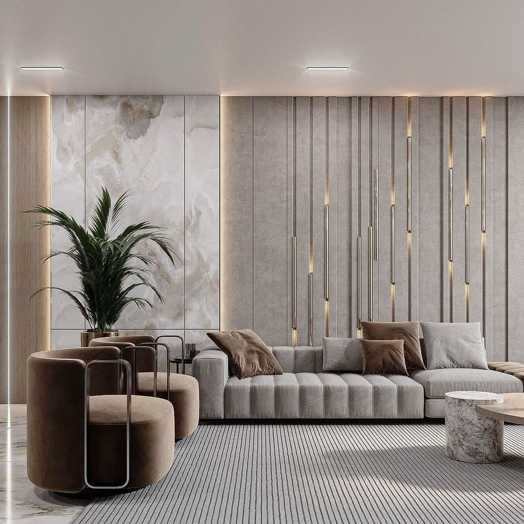 8. Modern Gray and Taupe Living Room with Architectural Wall Panels - gray and beige living room ideas