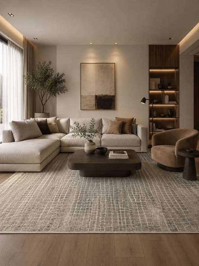 9. Minimal Beige and Gray Living Room with Brown Accents - gray and beige living room ideas