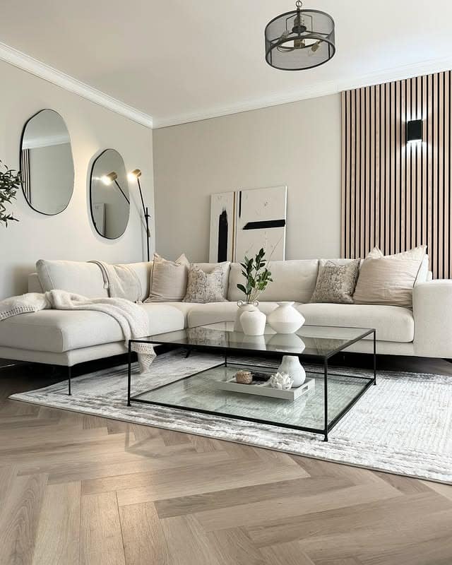 10. Bright Beige and Gray Living Room with Black Framing - gray and beige living room ideas