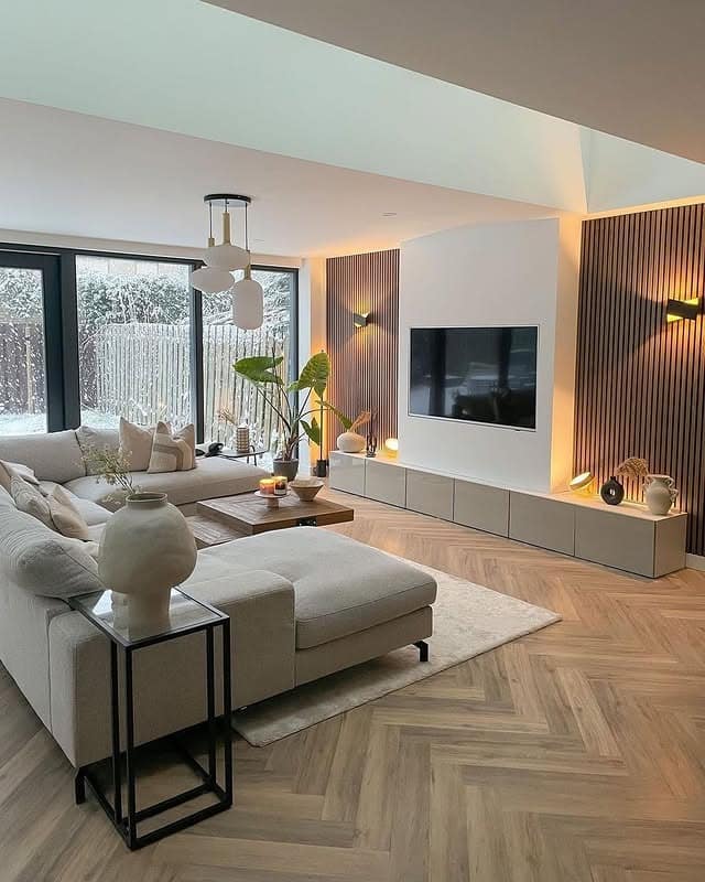 11. Modern Beige and Gray Living Room with Wood Slat Walls - gray and beige living room ideas