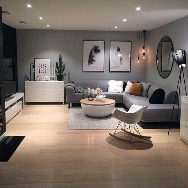 13. Urban Gray Living Room with Beige Wood Tones - gray and beige living room ideas