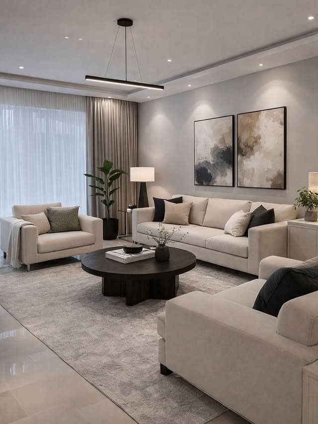 14. Elegant Beige and Gray Living Room with Dark Wood - gray and beige living room ideas