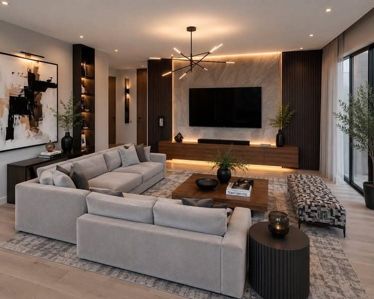 15. Luxury Gray and Beige Living Room with Walnut Accents - gray and beige living room ideas