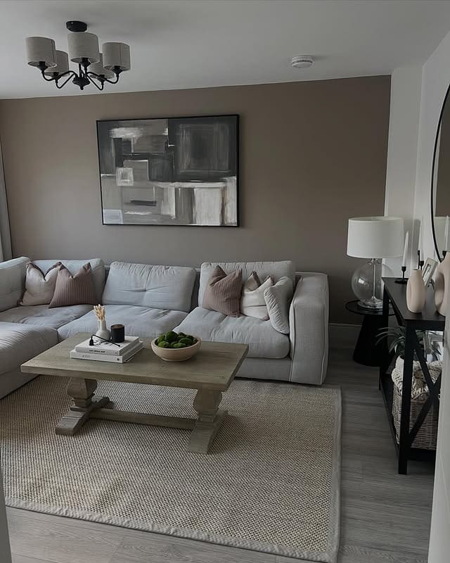 16. Soft Gray and Taupe Living Room with Rustic Coffee Table - gray and beige living room ideas