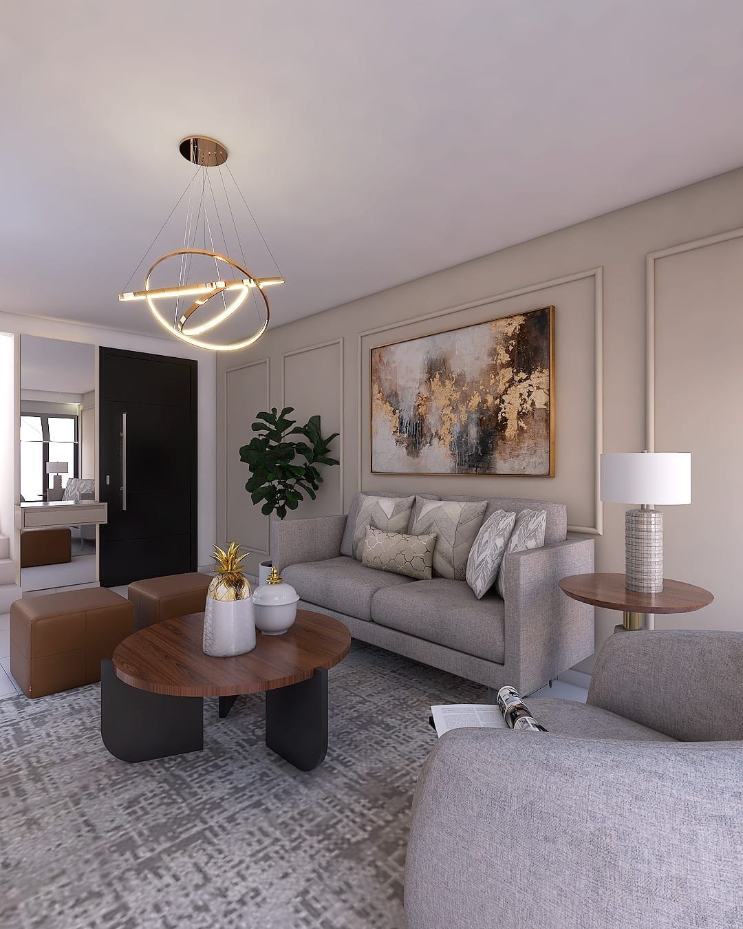 18. Contemporary Gray and Beige Living Room with Gold Accents - gray and beige living room ideas