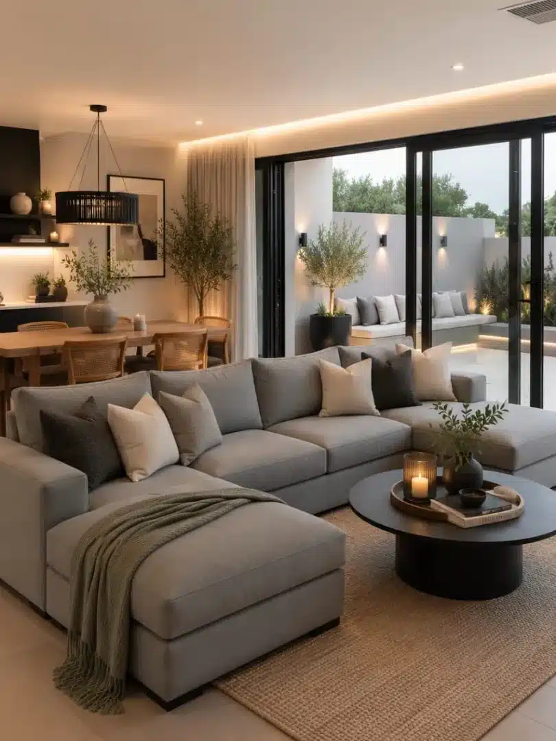 19. Indoor-Outdoor Gray and Beige Living Room with Black Accents - gray and beige living room ideas