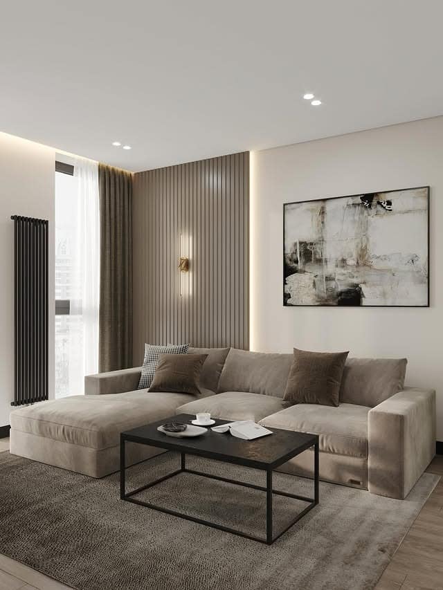 20. Minimal Taupe and Gray Living Room with Black Details - gray and beige living room ideas