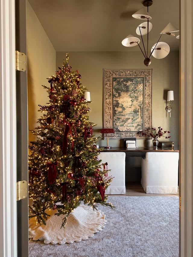 1. Burgundy, Gold and Olive Christmas Office Tree Idea - christmas office decorating ideas