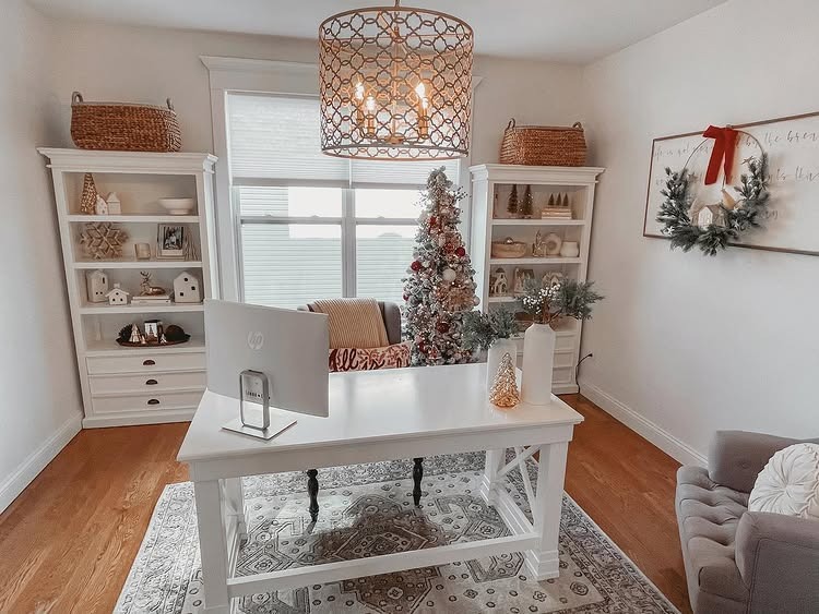 2. White, Silver and Red Christmas Home Office Idea - christmas office decorating ideas