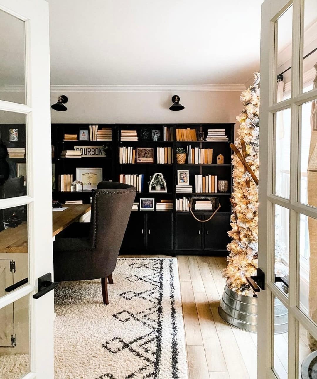 3. Black, White and Warm Gold Christmas Office Idea - christmas office decorating ideas