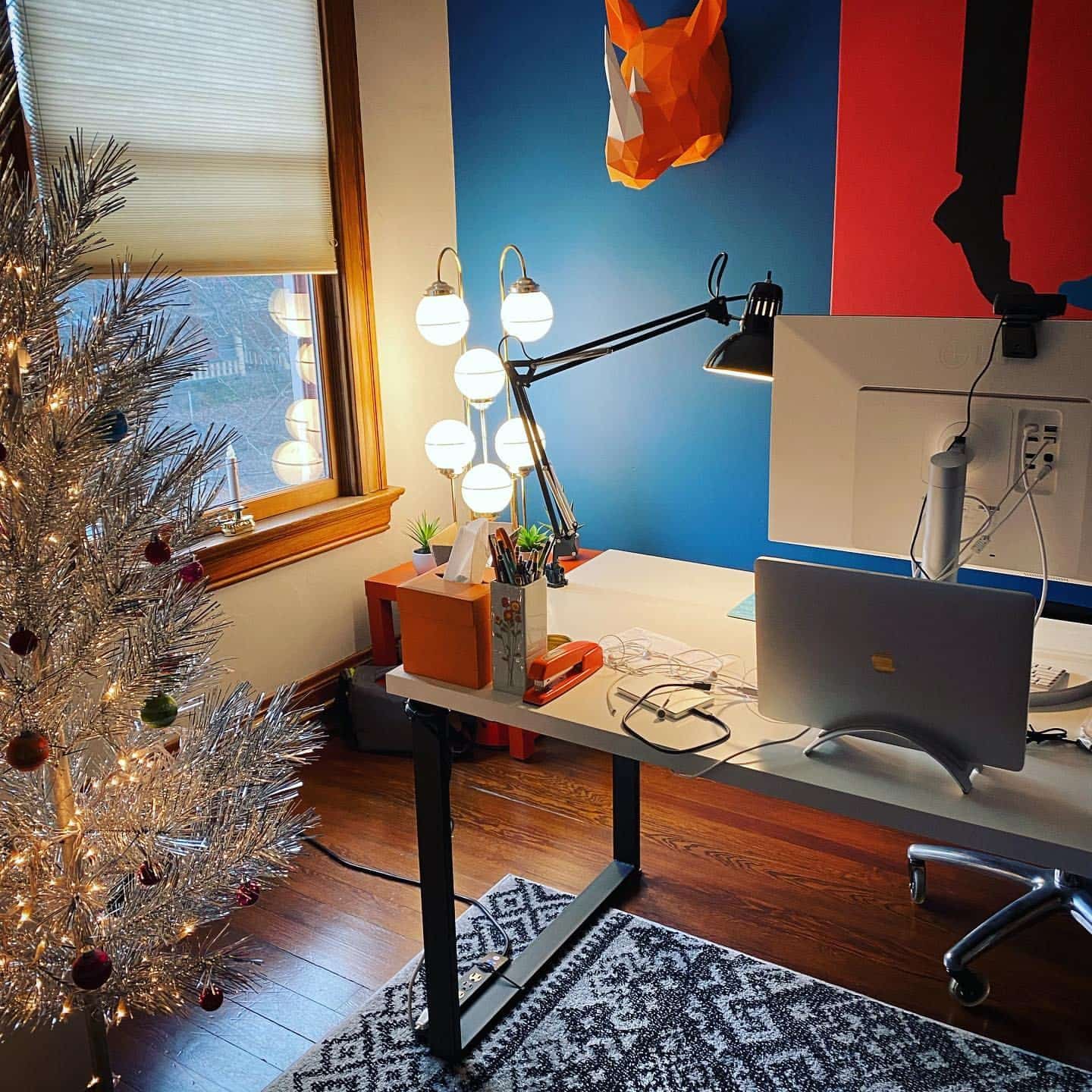 4. Blue, Orange and Silver Modern Christmas Office Idea - christmas office decorating ideas
