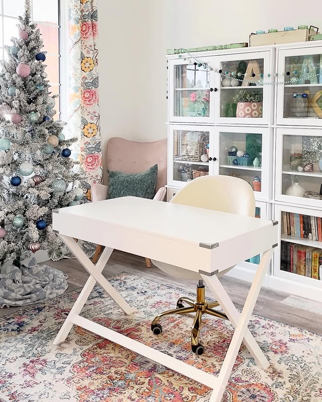 6. Pastel Pink, Blue and White Christmas Office Idea - christmas office decorating ideas