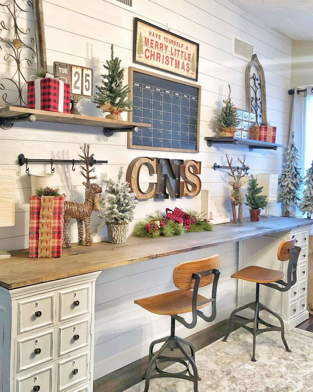 7. Red, Green and Rustic White Christmas Office Idea - christmas office decorating ideas