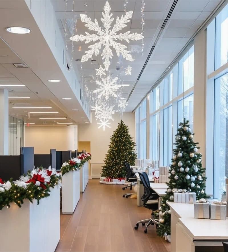 8. White, Green and Red Corporate Christmas Office Idea - christmas office decorating ideas