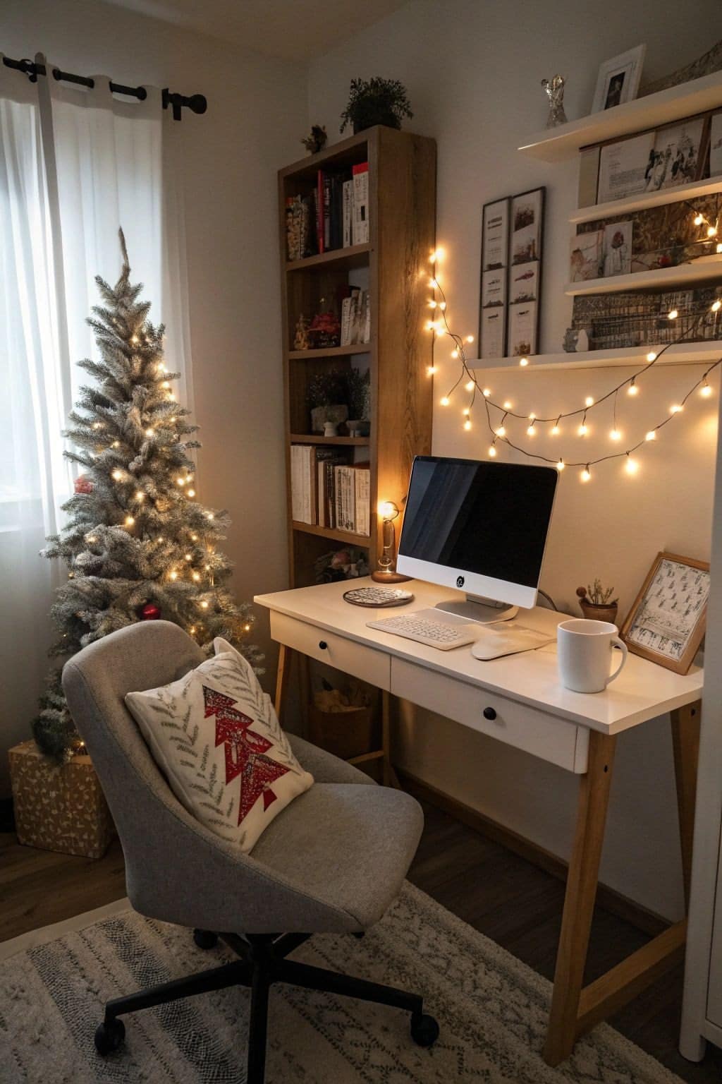 13. Gray, White and Warm Gold Cozy Christmas Office Idea - christmas office decorating ideas