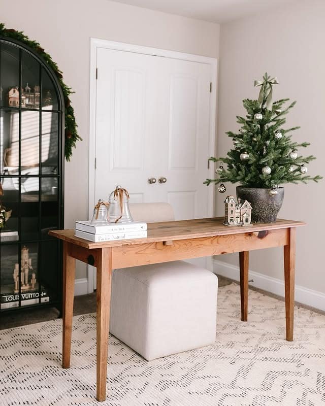 15. Natural Wood, Green and Silver Christmas Office Idea - christmas office decorating ideas