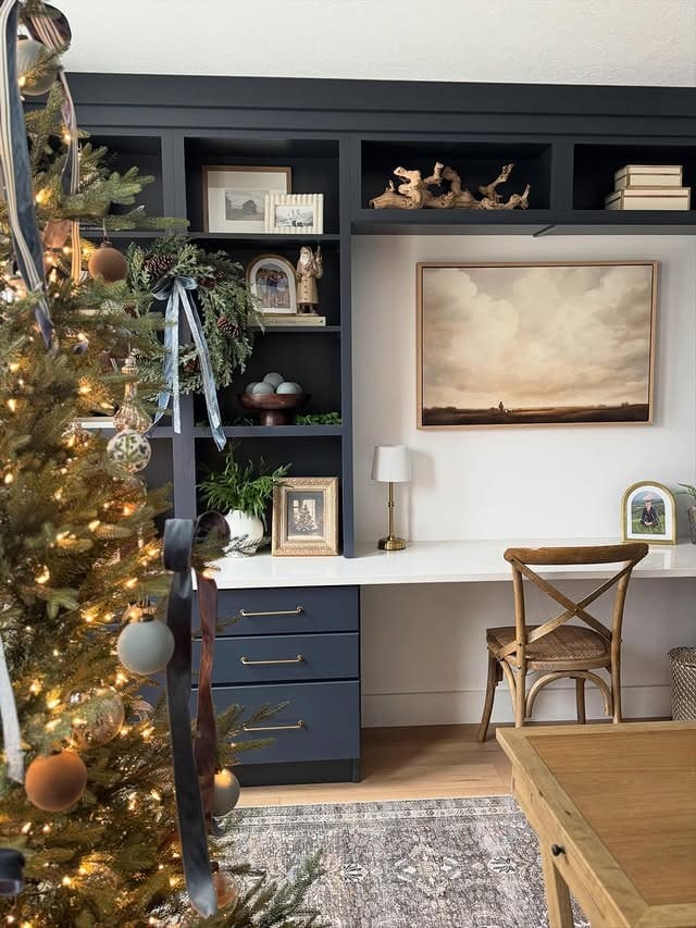 16. Navy, Green and Soft Blue Christmas Office Idea - christmas office decorating ideas