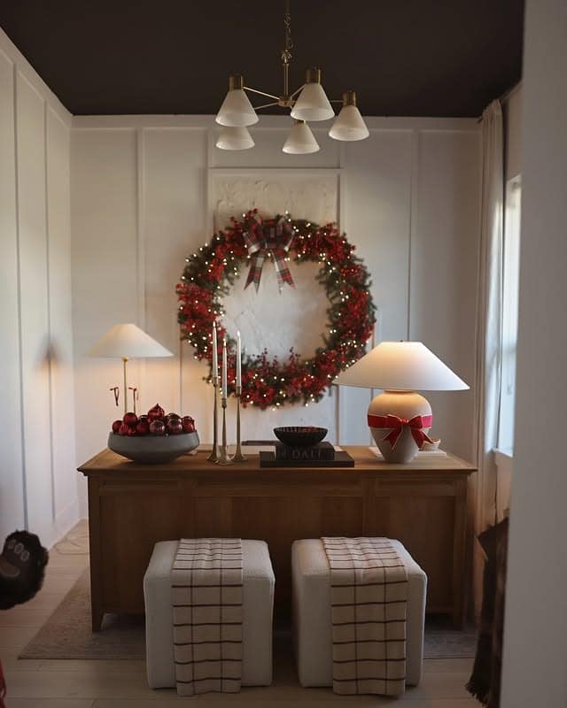 17. Red, Green and Warm Wood Christmas Office Idea - christmas office decorating ideas