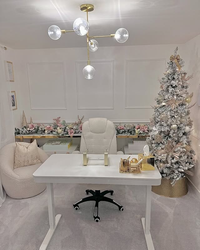 18. White, Blush Pink and Gold Christmas Office Idea - christmas office decorating ideas