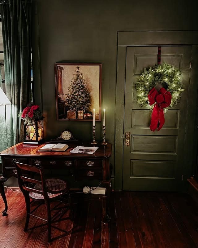19. Deep Olive Green and Red Vintage Christmas Office Idea - christmas office decorating ideas