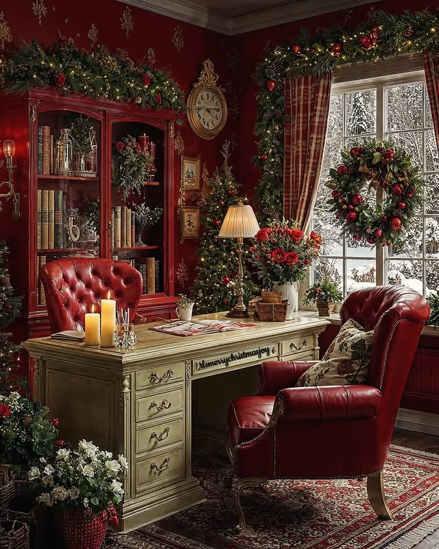 20. Burgundy, Red and Evergreen Traditional Christmas Office Idea - christmas office decorating ideas