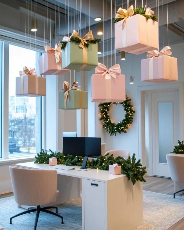 21. Blush Pink, Sage Green and Gold Christmas Office Idea - christmas office decorating ideas