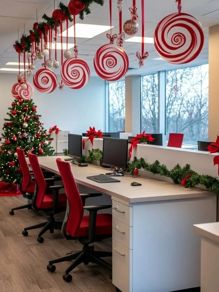 22. Red, White and Green Candy Christmas Office Idea - christmas office decorating ideas