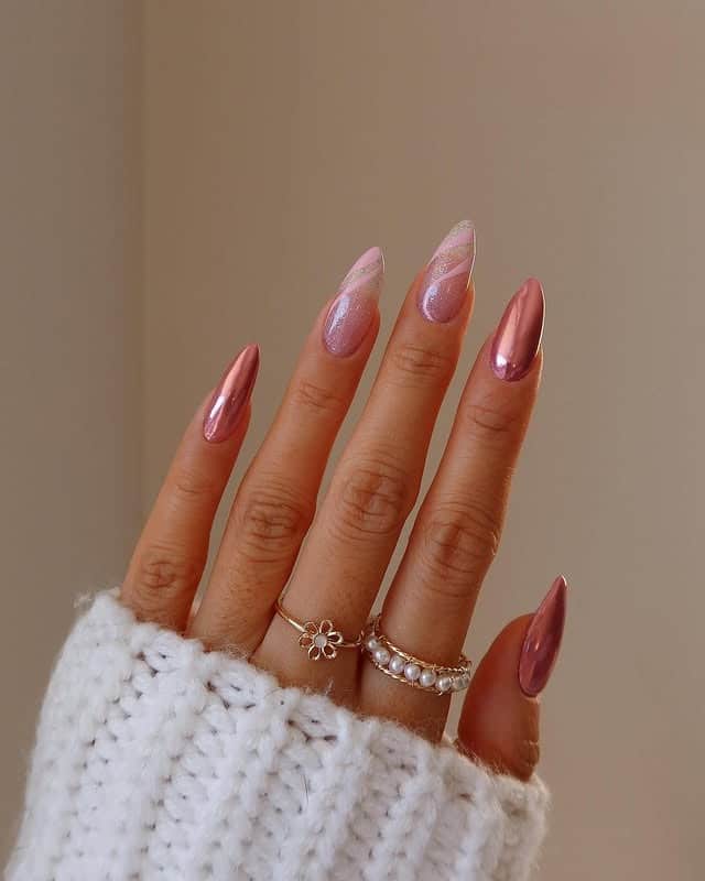1. Rose Gold Chrome Swirl Almond Nails - rose gold nail ideas