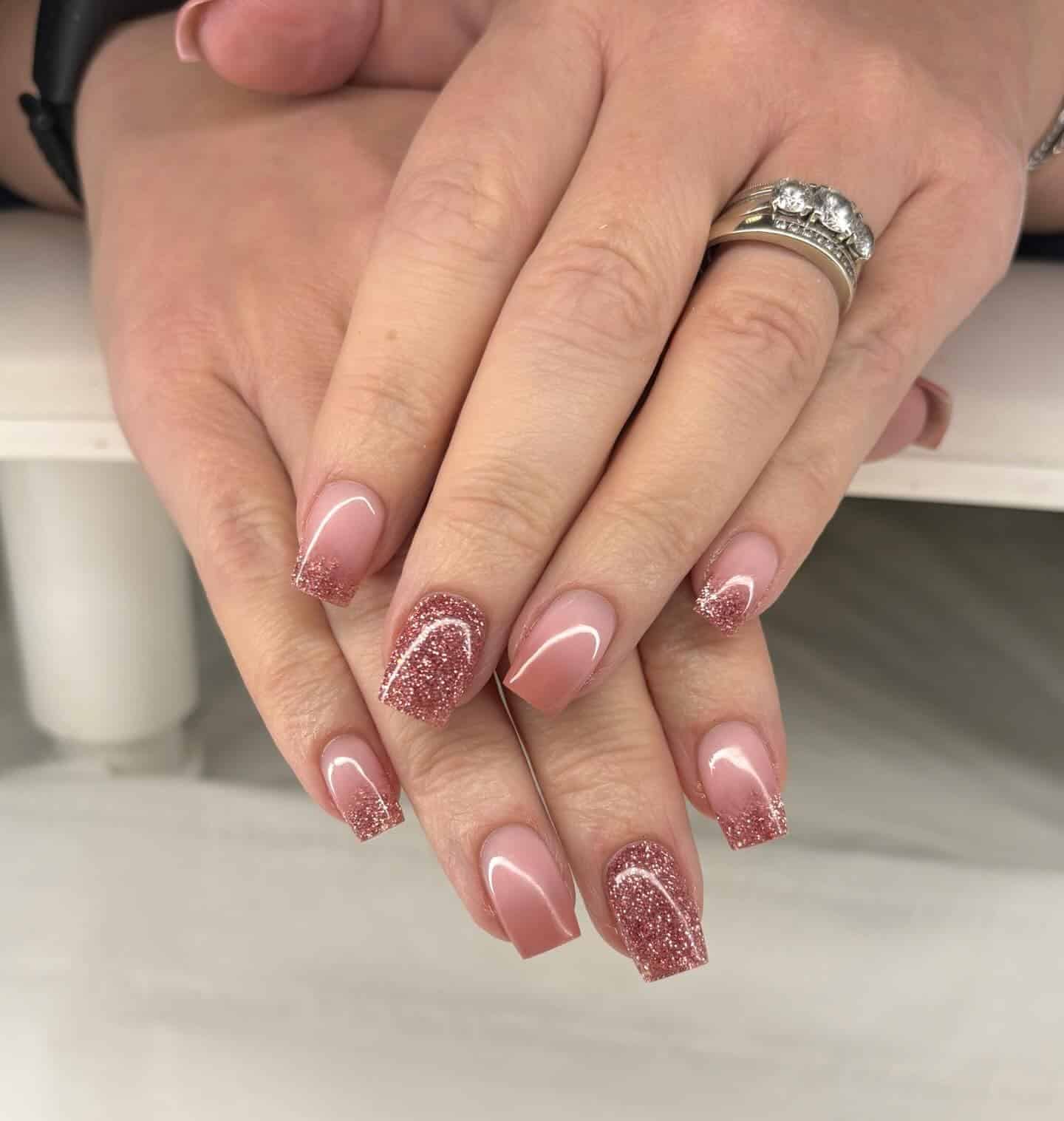 4. Rose Gold Glitter French Square Nails - rose gold nail ideas