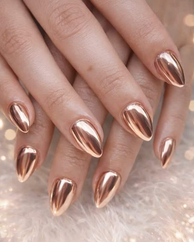 6. Rose Gold Mirror Almond Nails - rose gold nail ideas