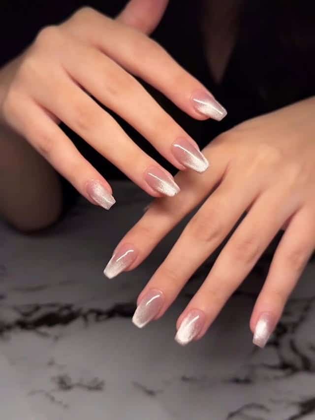 7. Pearly Rose Gold Ombre Coffin Nails - rose gold nail ideas