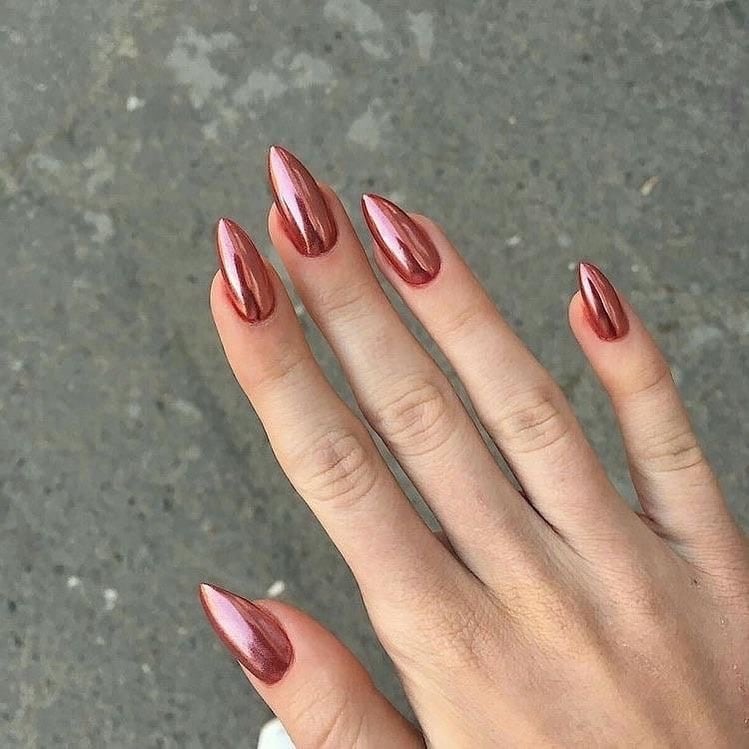 12. Rose Gold Mirror Chrome Almond Nails - rose gold nail ideas