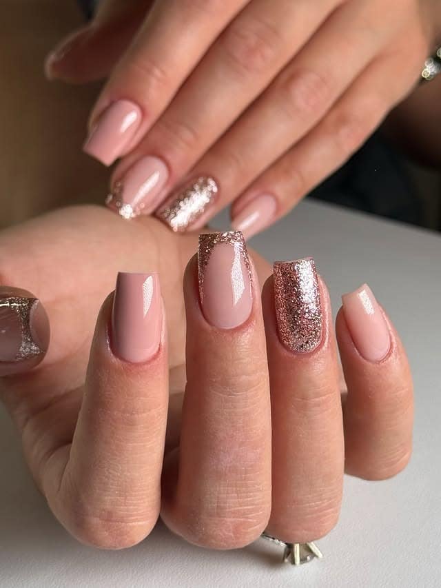 13. Blush Pink and Rose Gold Glitter Coffin Nails - rose gold nail ideas