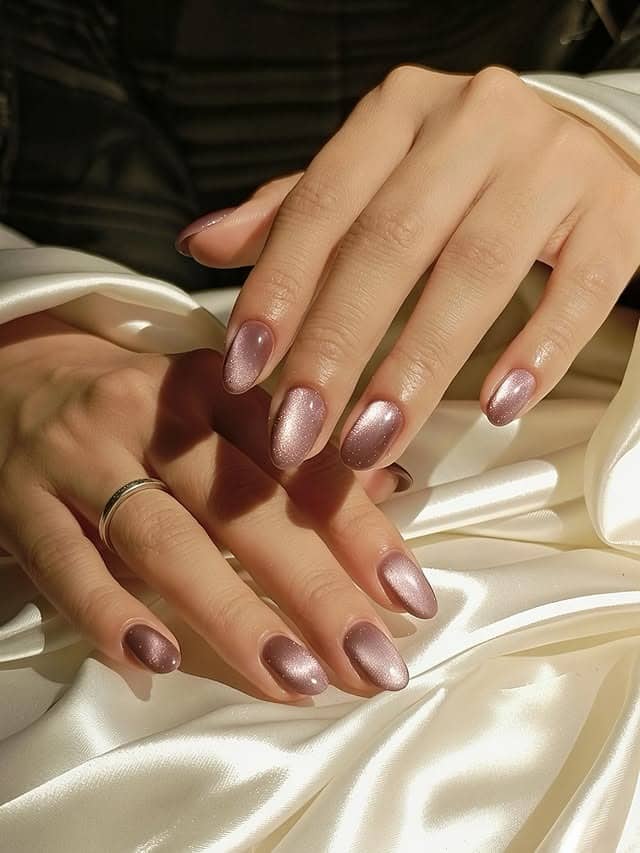 15. Dusty Rose Gold Shimmer Oval Nails - rose gold nail ideas