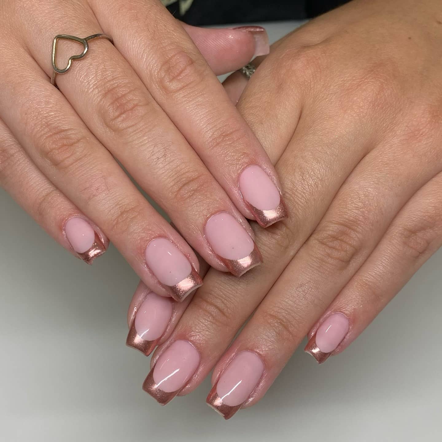 16. Blush Pink Rose Gold Chrome French Square Nails - rose gold nail ideas