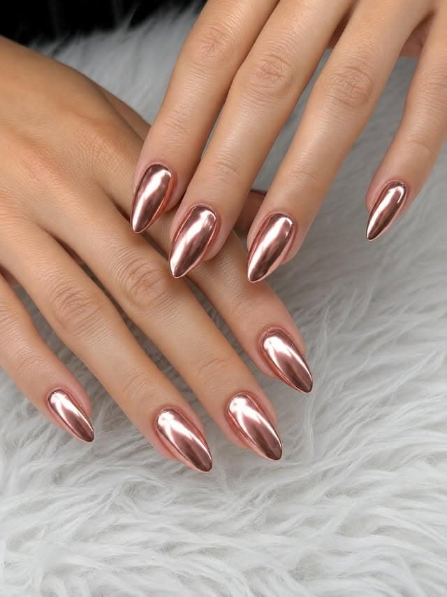 21. Rose Gold Mirror Chrome Almond Nails - rose gold nail ideas