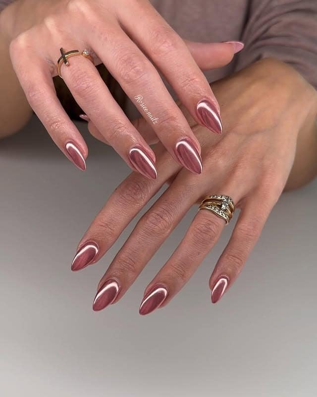 22. Dusty Rose Gold Cat-Eye Almond Nails - rose gold nail ideas