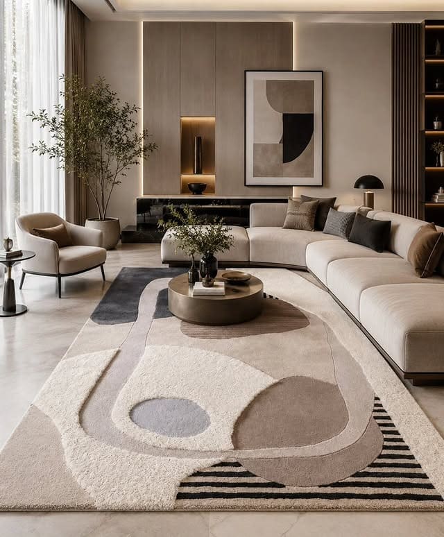 8. Beige Abstract Rug Living Room Idea - jure rug living room ideas