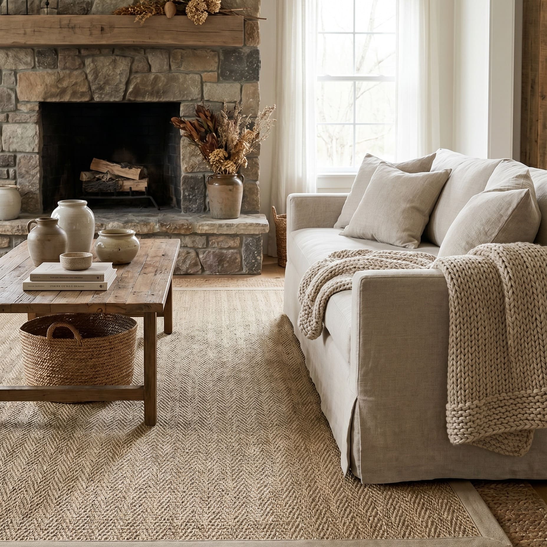 11. Natural Tan Jute Rug Living Room Idea - jure rug living room ideas