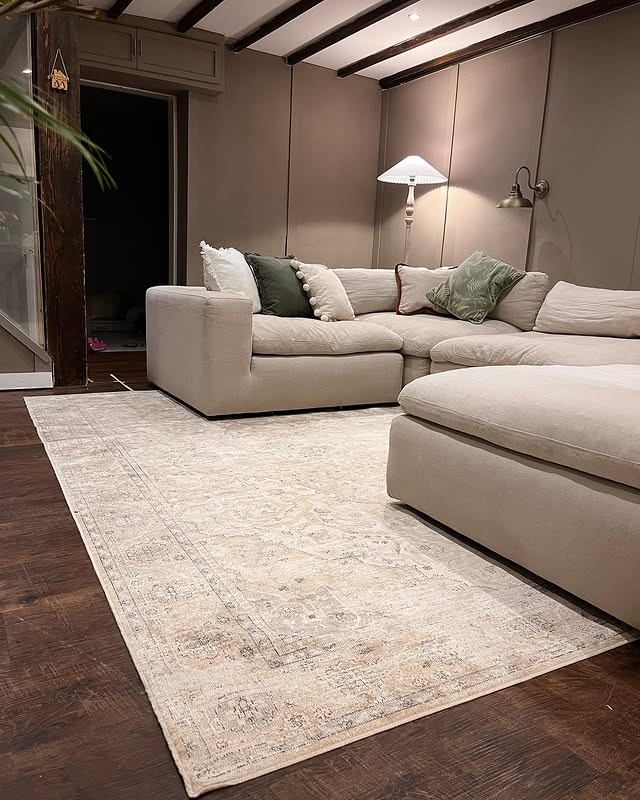 12. Ivory Vintage Rug Living Room Idea - jure rug living room ideas