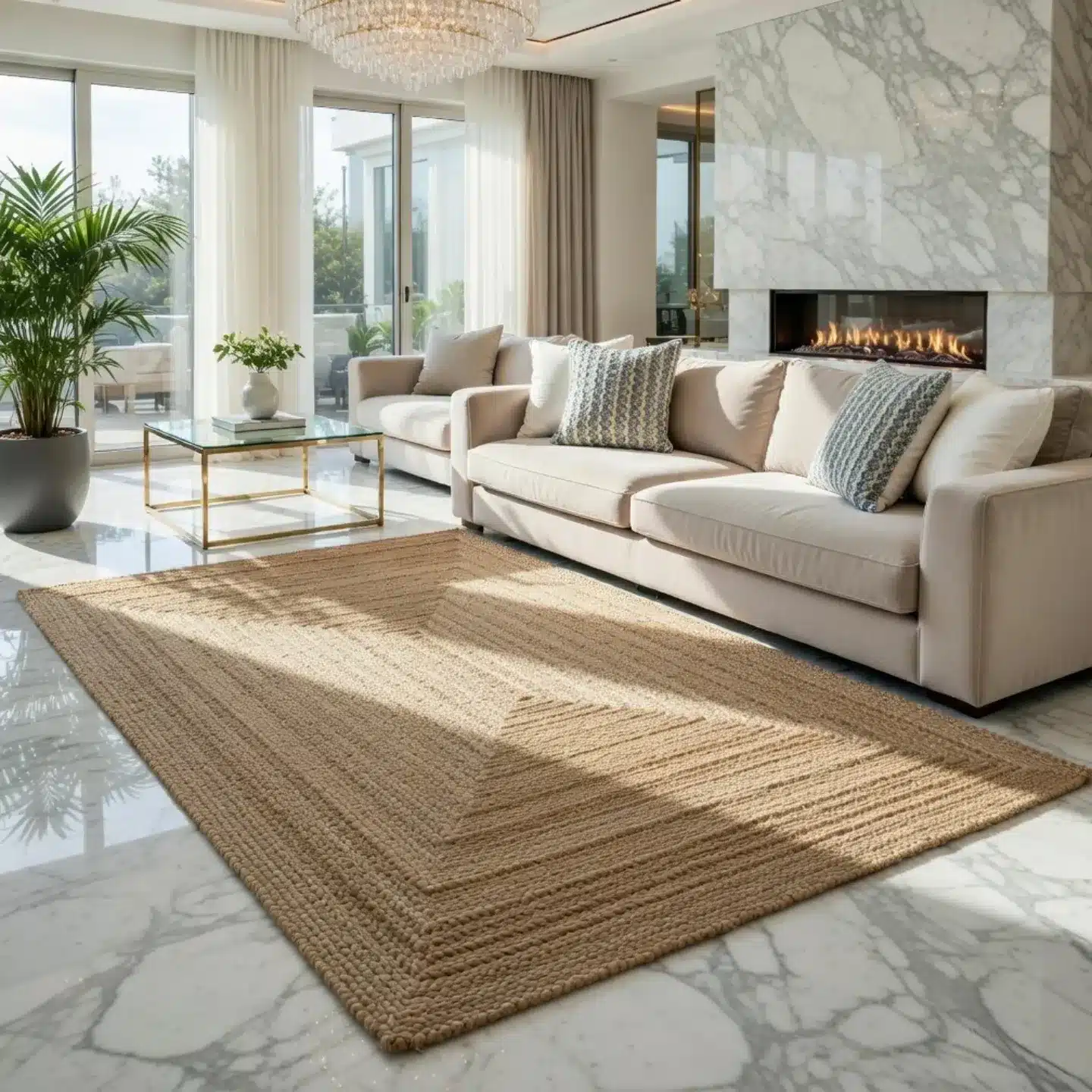 18. Natural Camel Jute Rug Living Room Idea - jure rug living room ideas