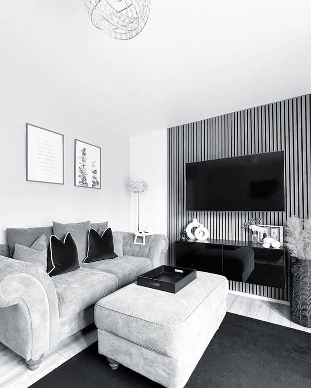 2. Grey Sofa and Black Slat Wall Living Room Idea - black and grey living room ideas