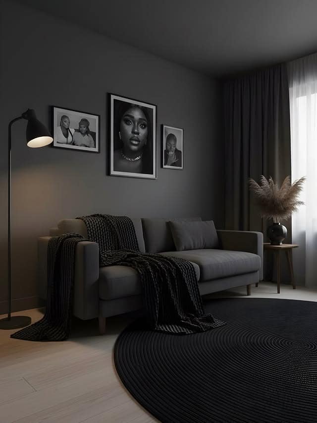 3. Charcoal Grey and Black Cozy Living Room Idea - black and grey living room ideas