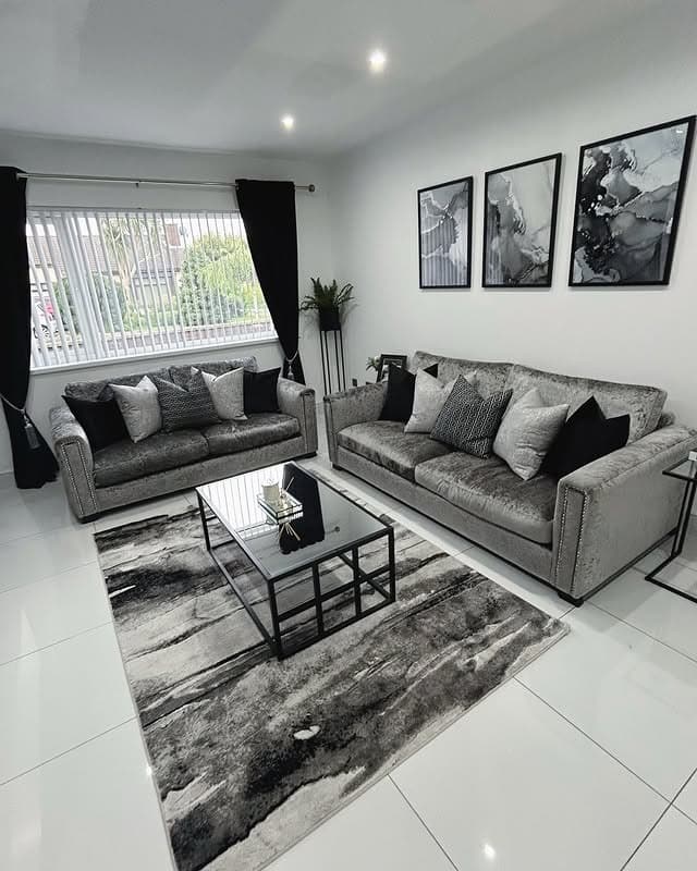 4. Silver Grey and Black Glam Living Room Idea - black and grey living room ideas
