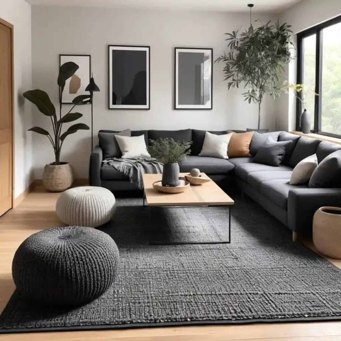 5. Charcoal Sectional and Warm Grey Living Room Idea - black and grey living room ideas