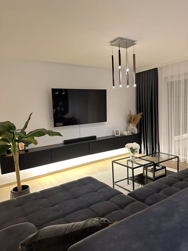 7. Black and Dark Grey Modern Living Room Idea - black and grey living room ideas
