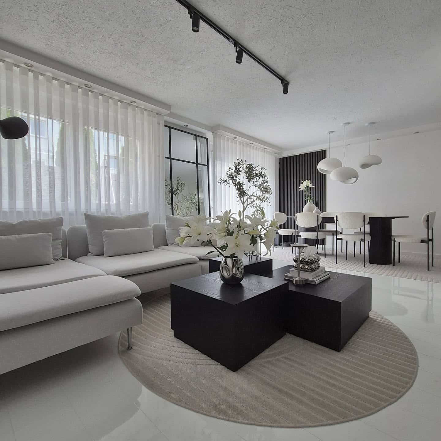 9. Black, White and Grey Open Living Room Idea - black and grey living room ideas