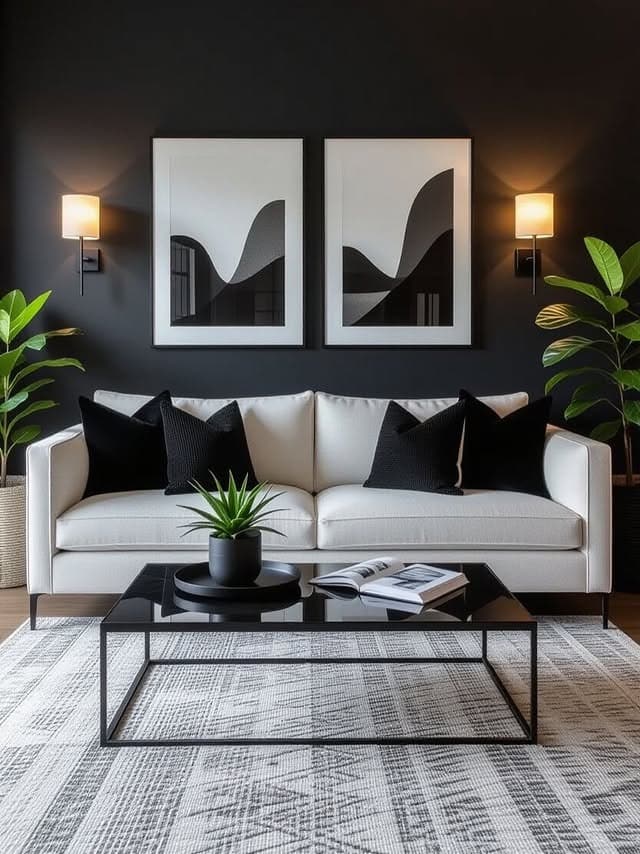 10. Black Accent Wall and Grey Rug Living Room Idea - black and grey living room ideas