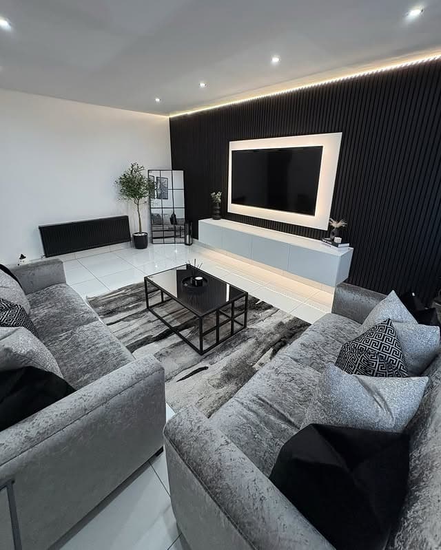 12. Black Slat Wall and Silver Grey Living Room Idea - black and grey living room ideas