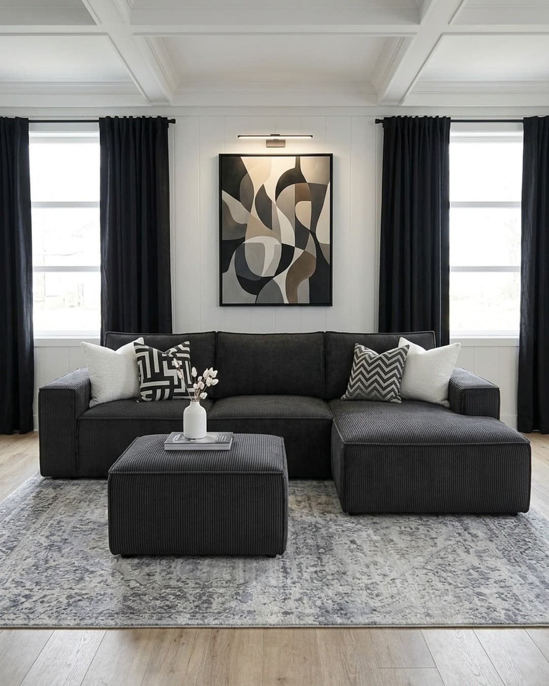 15. Dark Grey Sectional and Black Curtain Living Room Idea - black and grey living room ideas